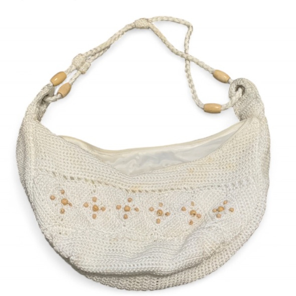 Y2K White Crochet Beaded Shoulder Bag